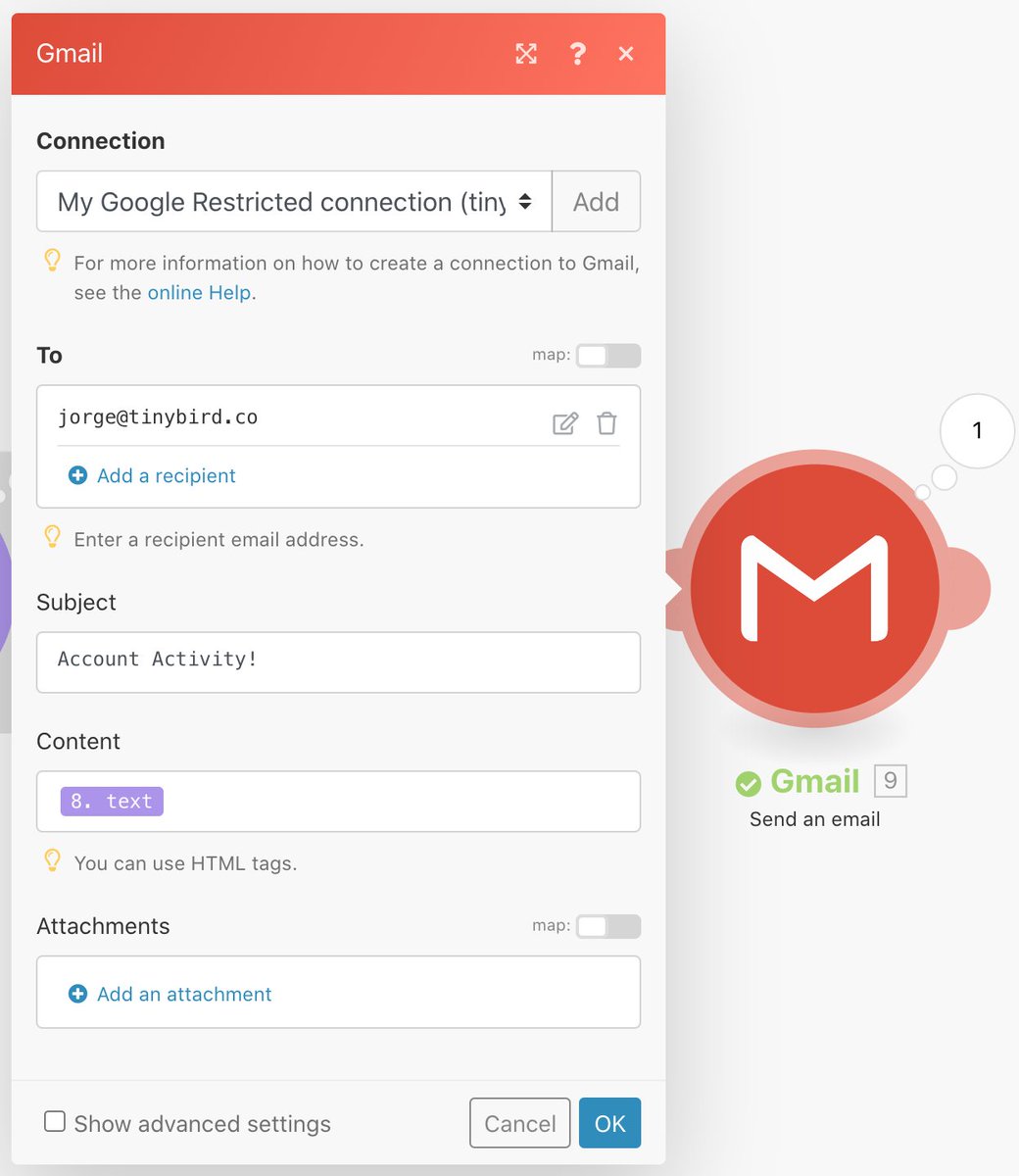 Next, I connect the results to a GMAIL module that will send me the email.