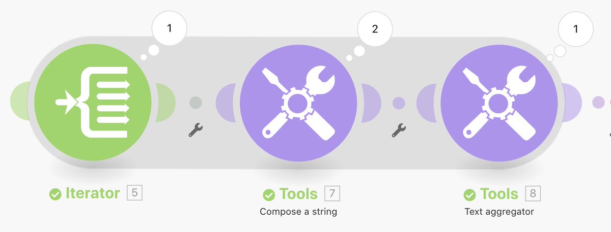 I only want to receive one email with stats about all the active accounts I'm tracking, so I need to use 3 modules in Integromat: - an iterator (to iterate through the data returned), - string composer (to compose a string per account stats)- a text aggregator (to join them)