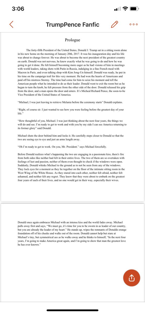 corndoghoe33's tweet photo. A snippet of the Trump Pence fanfic I wrote to unite the country. 1 like and I’ll release the rest btw it’s called “Power and Lust: A Love Affair Between a President and his Servant” https://t.co/DF4uA9edO2