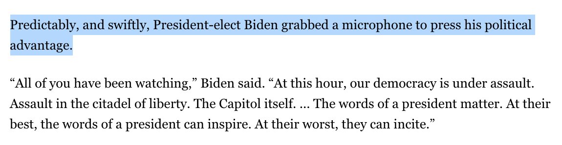 And, of course, even in a column about treasonous actions by the right that led to senseless deaths, Kass couldn't resist a dig at the Dems, implying that by stating the obvious -- the violence, and Trump's incitement of it, needed to stop immediately -- Biden was opportunistic.