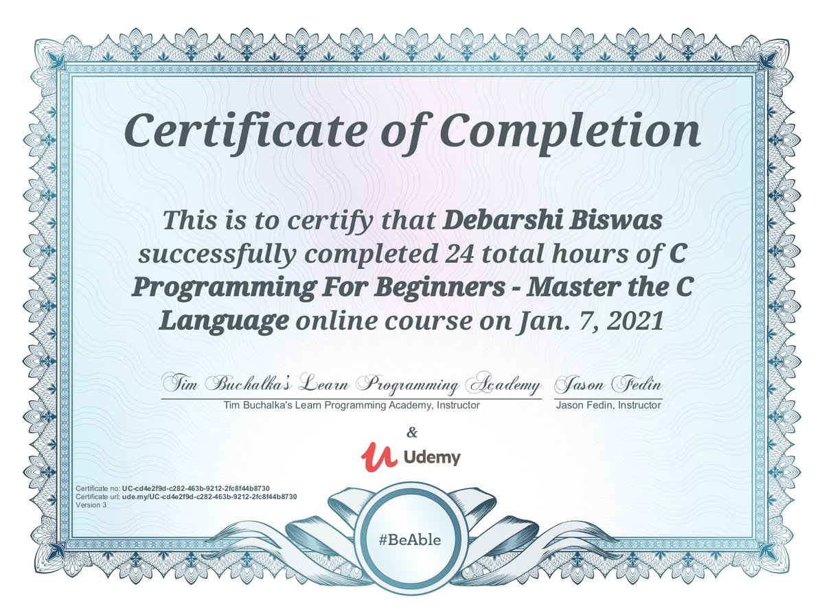 My course completion certificate for 'C Programming For Beginners - Master the C Language' ude.my/UC-cd4e2f9d-c2… via @udemy This was a great course to learn the theory. I actually got many concepts drilled in my head. 🤣