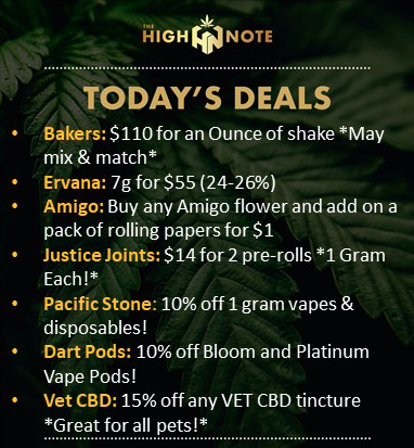 TheHighNoteCA's tweet photo. Thursday's deals are in! Stock up on #BakersCannabis @ErvanaCraft @Amigocannabis #JusticeJoints #PacificStone #DartPods @thebloom_brand #PlatinumVape @VETCBD and more!

#CulverCity #EastLA #Discounts #shopping #TheHighNote #Sale #Promo #johnjezzini #DailyDeals #LAWeed #legalweed https://t.co/yNWwf7WKdm