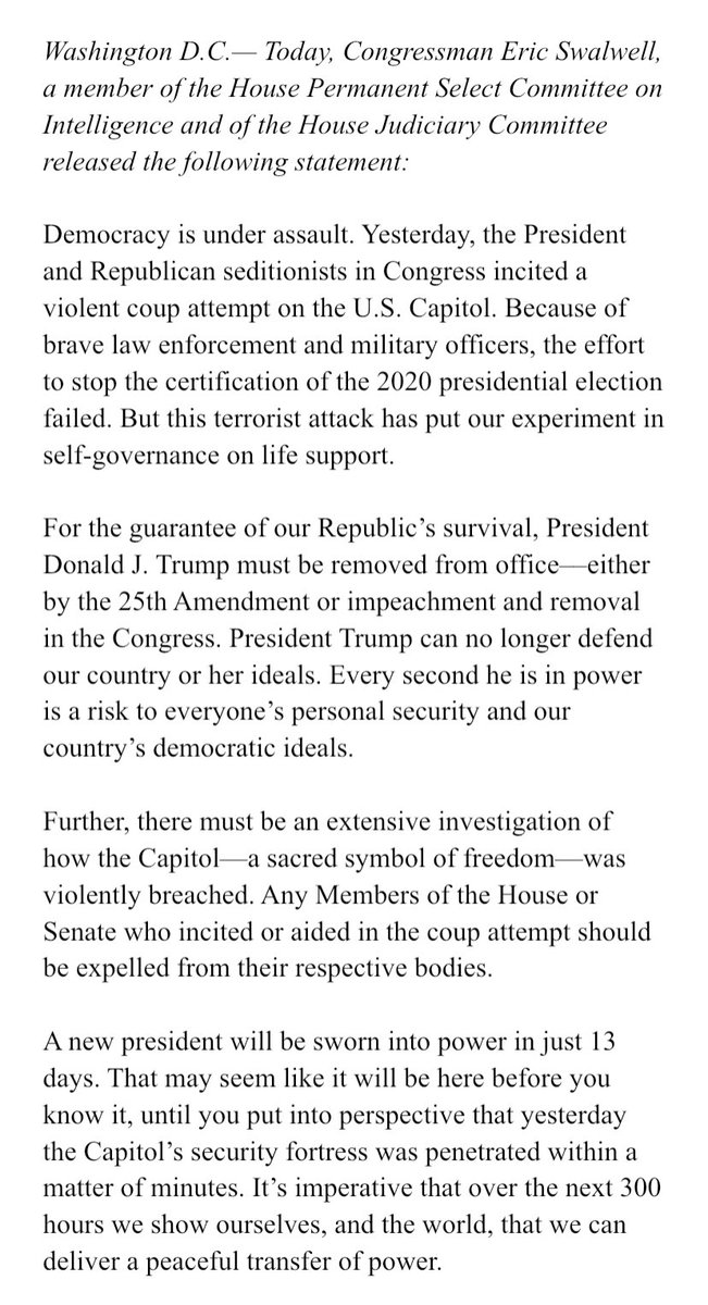 RepSwalwell's tweet photo. I am demanding the immediate removal of President Trump from office. My full statement on yesterday’s events: https://t.co/xASQr6k3uW
