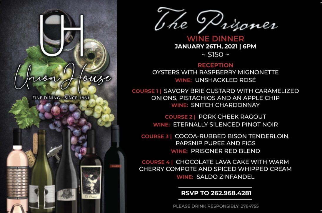 TheUnionHouse's tweet photo. Prisoner Wines will be bringing in fantastic wines from Napa Valley to pair with Union House Cuisine!! Join us January 26th at 6:00 pm!
 
CALL 262.968.4281 TODAY FOR RESERVATIONS!

https://t.co/DbkoPh9aV8 https://t.co/GpaJa5QotV