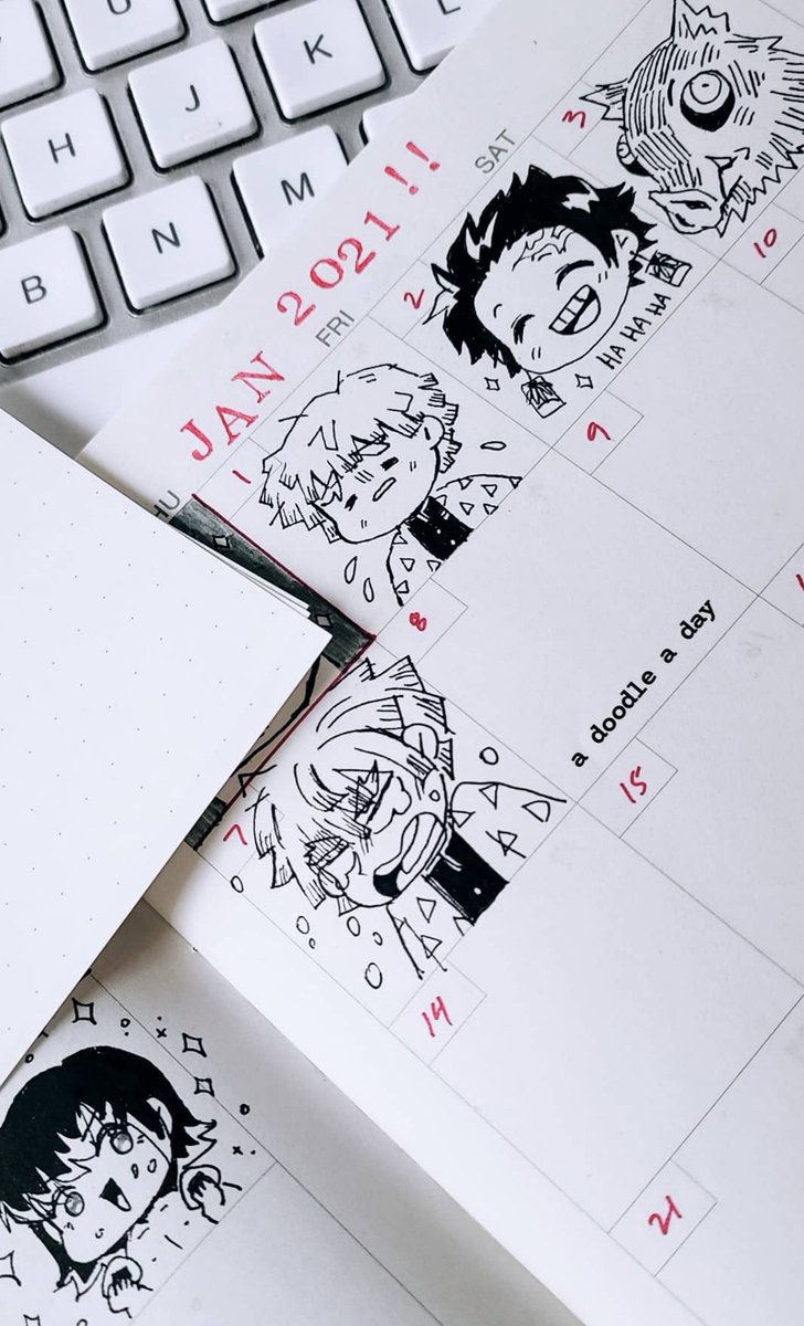 Just thought I'd fill in my blank muji calendar with little drawings of my favorite characters. So far it's just a lot of KNY at the moment lol #sketchbook #doodle 