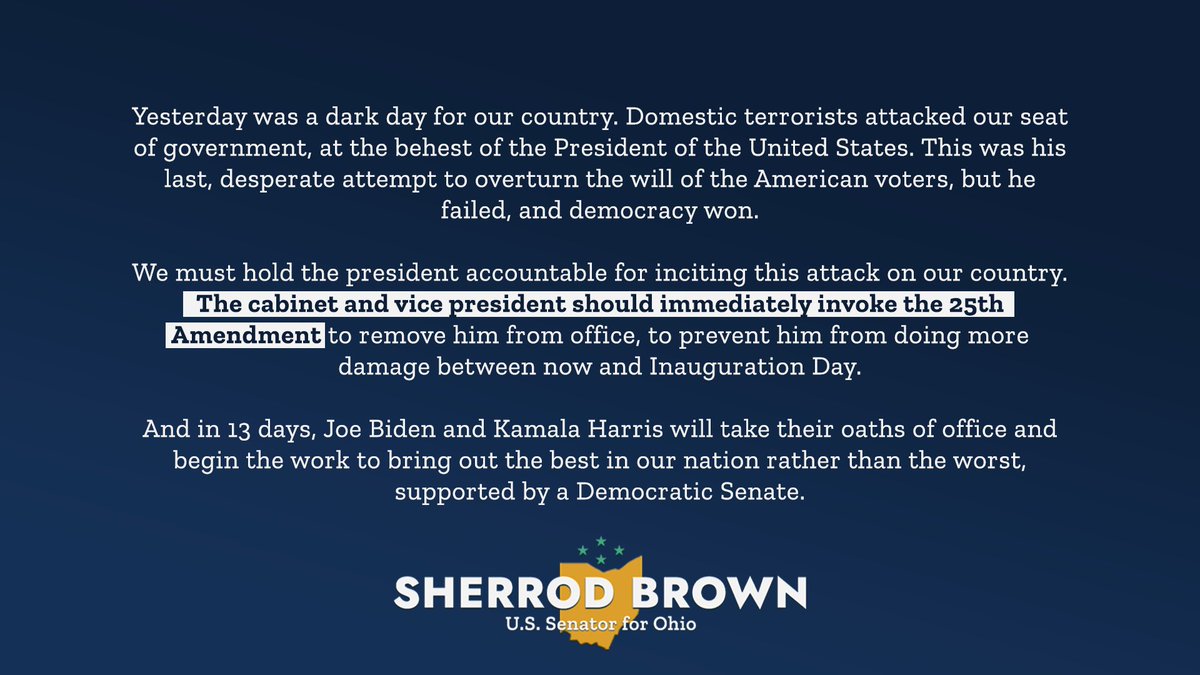 President Trump must be removed from office for inciting yesterday's violent insurrection.

I am calling on the cabinet and vice president to immediately invoke the 25th Amendment.