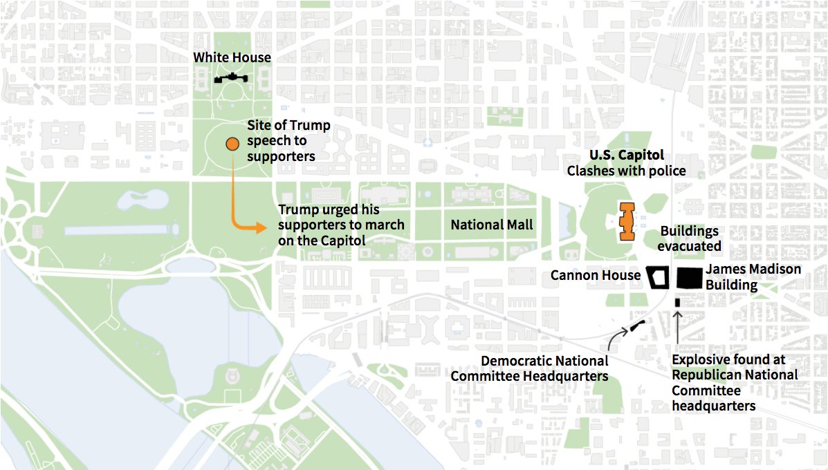 4/ 🕐 Several federal buildings around the Capitol were evacuated after a pipe bomb was found and detonated at the Republican National Committee headquarters and another was recovered from the Democratic National Committee headquarters. https://t.co/Tofb4p2gBD