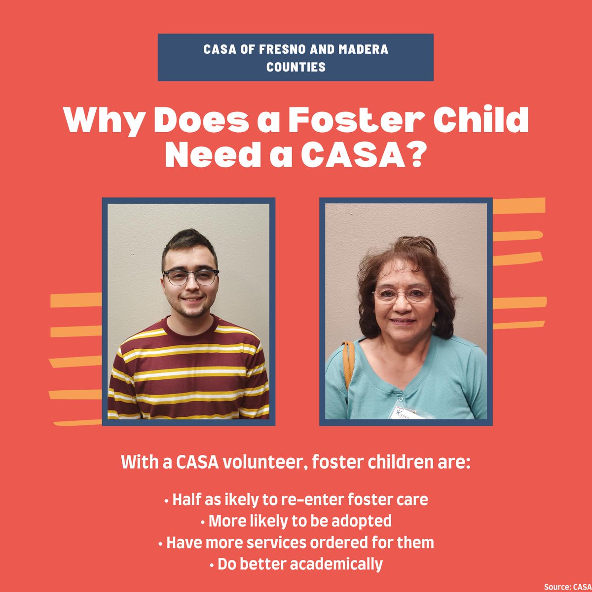 #CASAFAM dedicate their full attention to the child they support, with the child's best interests in mind. 

With an Advocate, foster children are HALF as likely to re-enter foster care, more likely to be adopted, have more services ordered for them, and do better academically.