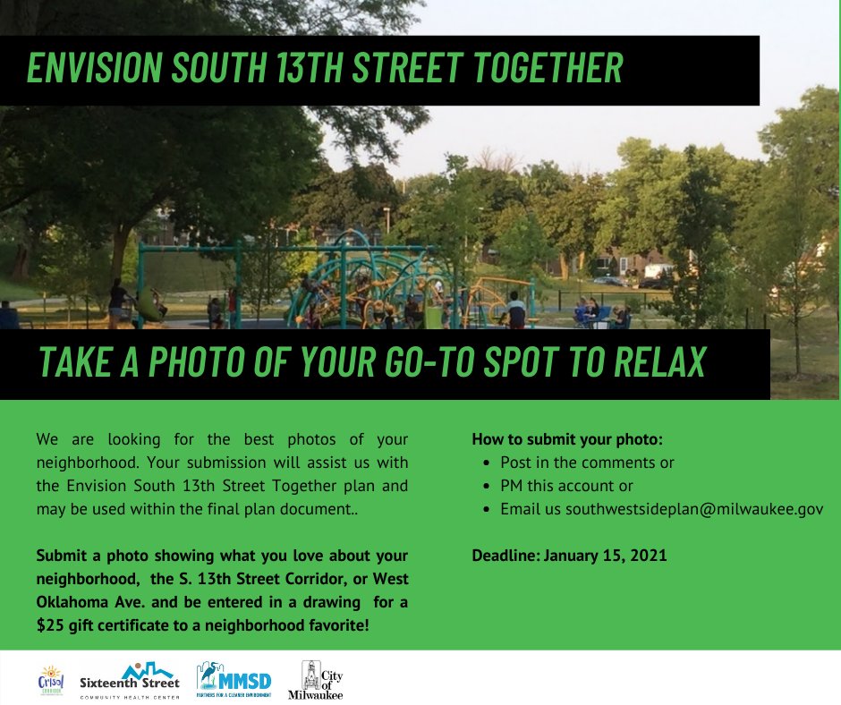 MilwaukeeDCD's tweet photo. Take a moment and relax at your go-to spot! Where is it? Let us know! 📸
¡Toma un momento y ve a relajarte a tu lugar favorito! ¿Cual es? ¡Déjanos saber!
#Envision13thStreet #WestOklahomaAve #CrisolCorridor
#KinnickinnicRiverNeighborhoodPlan #MMSD #SSCHC #District13 #District14 https://t.co/KdsSYz7dJq