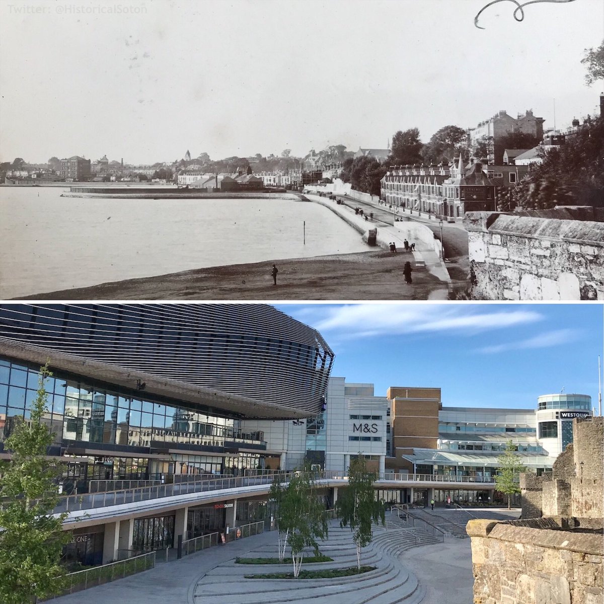 On top of Southampton’s medieval town walls. The same view, early 1900s compared to 2020.
