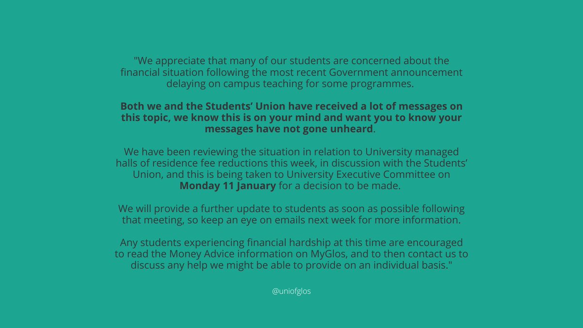 uniofglos's tweet photo. To our students, we want to reassure you that your messages have not gone unheard. 

We'd like to share with you a message from our university leadership team.

@yoursu #teamglos #uniofglos https://t.co/jY941HnHLU