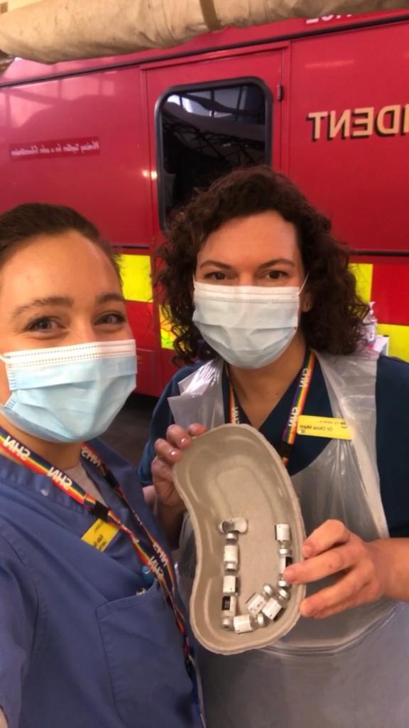 Lead nurse Katie Reid and Dr Olivia Munn proudly counting their empty vials of vaccine after a morning of vaccinating our over 80s.
With over 1000 over 80s we are getting there. Rest assured you WILL hear from us. We have not forgotten you.