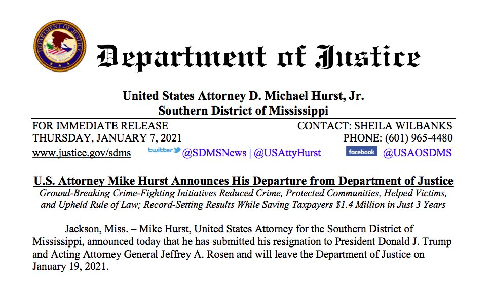 DonnerKay's tweet photo. JUST IN: Mike Hurst is resigning as U.S. attorney just in time for Biden's inauguration. With any luck, this will mean the end of #ProjectEject and other non-evidence-based "crimefighting" approaches in Mississippi. Remember, Jackson's violence spikes coincided exactly with Eject https://t.co/ewmKxRHI5o