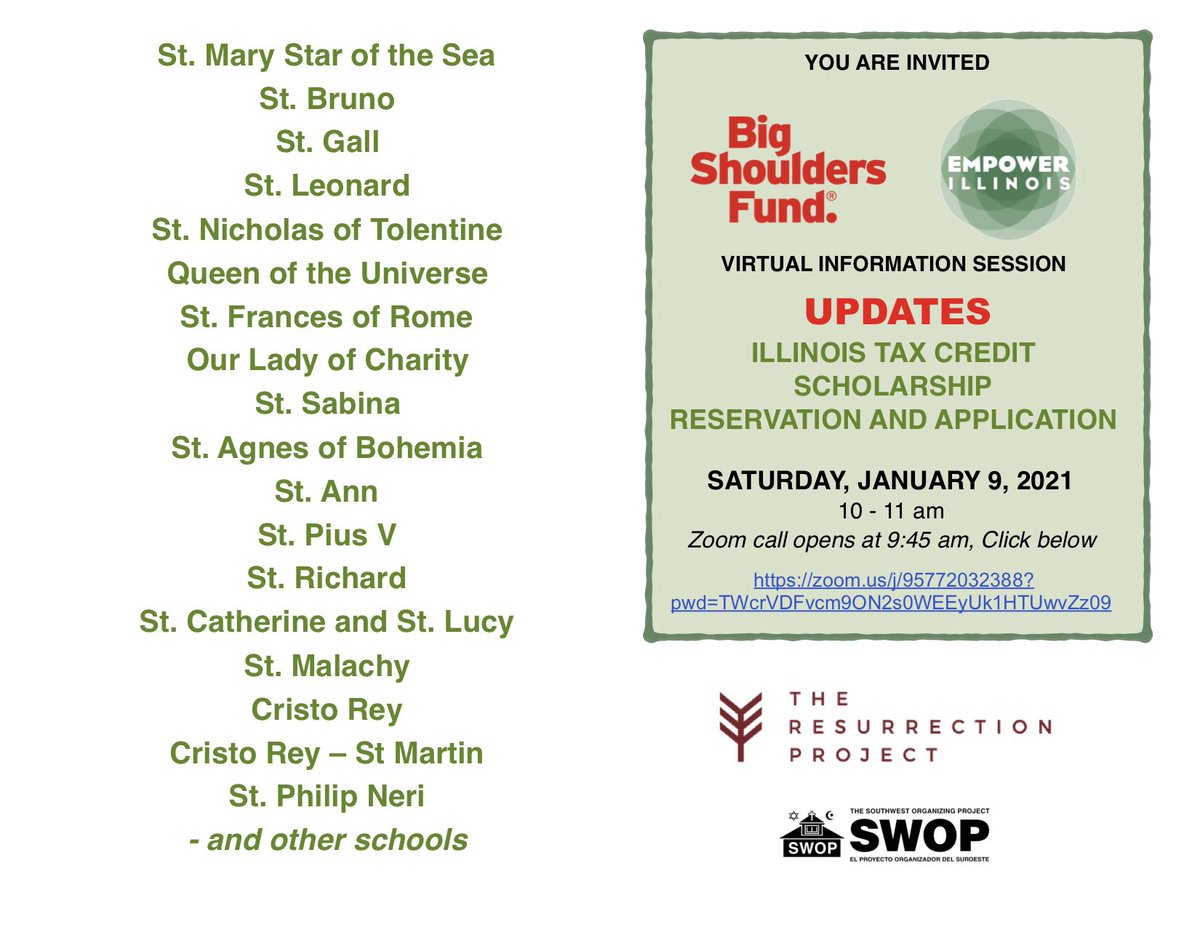 Saturday, January 9th at 10am there will be a virtual information session sponsored by The Resurrection Project that will go over the tax credit scholarship application process for <a href="/empowerillinois/">EmpowerIllinois</a> and @bigshouldersfund! The applications for the 2021-22 school year open next week