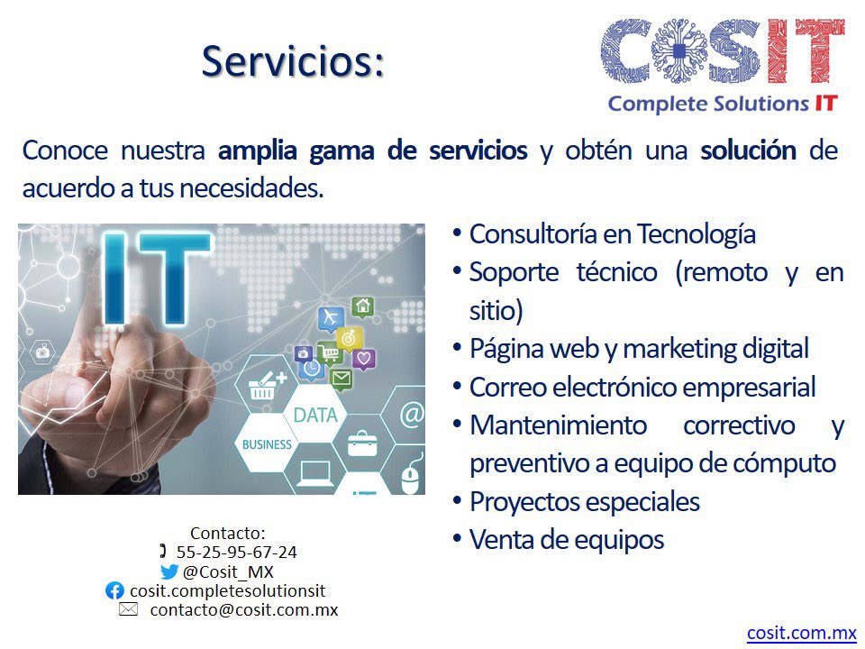 CosIT_MX's tweet photo. ¡Brindamos soluciones!
#IT #CosIT #ConsultoriaTI #SoporteRemoto #SoporteTecnico #Tecnologia #PaginaWeb #Marketing #Mantenimiento #EquipoDeCómputo #Laptop https://t.co/BPJL5NCmu2