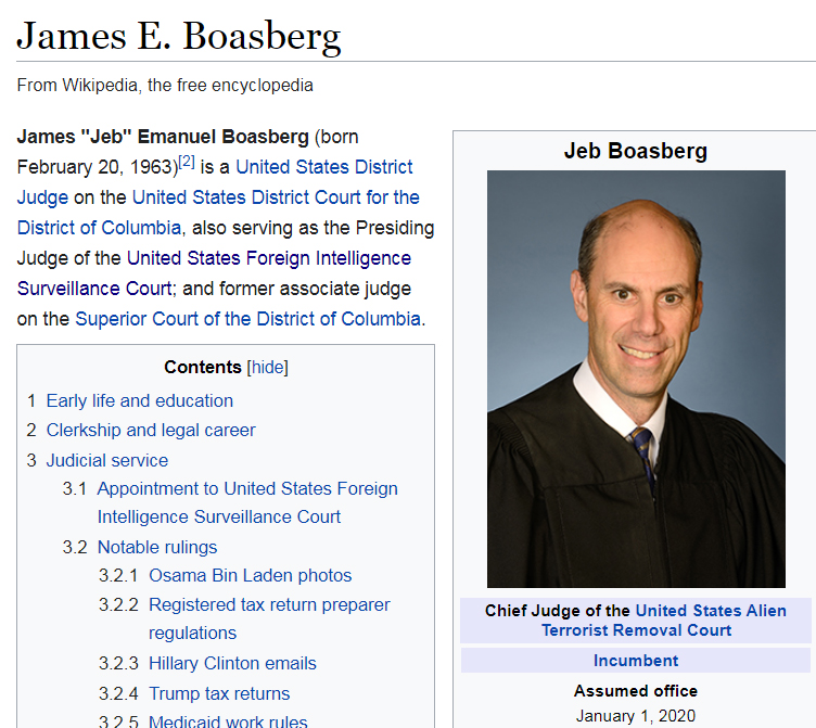  The third Judge who fits the criteria of being within 20 miles of DC is James E. Boasberg. He was appointed in 2014, and his term will be up this May. Imagine that....Yale grad and former Skull and Bones member.