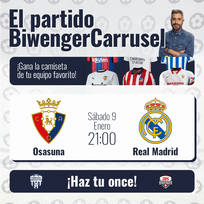 carrusel's tweet photo. 🚨 ¡Abierto el partido @biwenger - @carrusel de la jornada!

⚽️ OSASUNA - REAL MADRID
 
🎁 ¡¡👕 de tu equipo para el 🥇!!
 
⏰ Tienes hasta el SÁBADO 20:30h para guardar tu XI
 
📲 MONTA TU EQUIPO YA‼️ https://t.co/92ynJqFbHu https://t.co/erKPgFSHBg