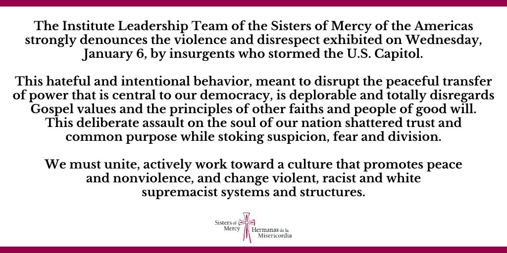 SistersofMercy's tweet photo. Sisters of Mercy of the Americas Condemn Violence at U.S. Capitol
----
FULL STATEMENT: https://t.co/nIy6JJw5cw https://t.co/YDgEwh4S64