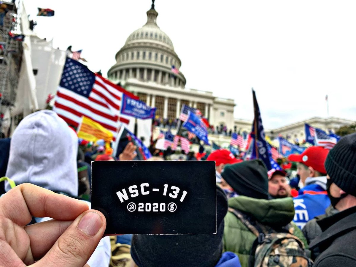 The NSC 131 white nationalist hate group—founded by former member of neo-Nazi terror group the Base—was present at the insurrection & later posted photos of stolen Capitol police gear while bragging about their role in storming the Capitol