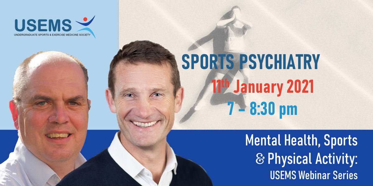 UndergradSEMS's tweet photo. USEMS: Sports Psychiatry Webinar 

📅Mon 11 Jan 21 🕖7-9pm

DR ALAN CURRIE  @DrAlanCPsych346
 The Research Agenda for Sports Psychiatry

DR PHIL HOPLEY @DrPhil_H  | The Oxygen Mask – Mental Health for elite athletes and the rest of us

FREE 🎟️register:
https://t.co/Q4KFlOYchx https://t.co/51s6JQBUbZ