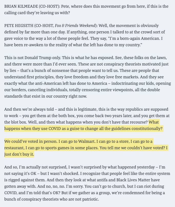 It's telling how people defend more restrictive voting methods. Look at this ridiculous quote from Pete Hegseth about how everyone being able to easily cast a ballot somehow stripping people of the "recourse" of the ballot box. https://www.mediamatters.org/pete-hegseth/fox-news-host-defends-jan-6-insurrectionists-they-love-freedom