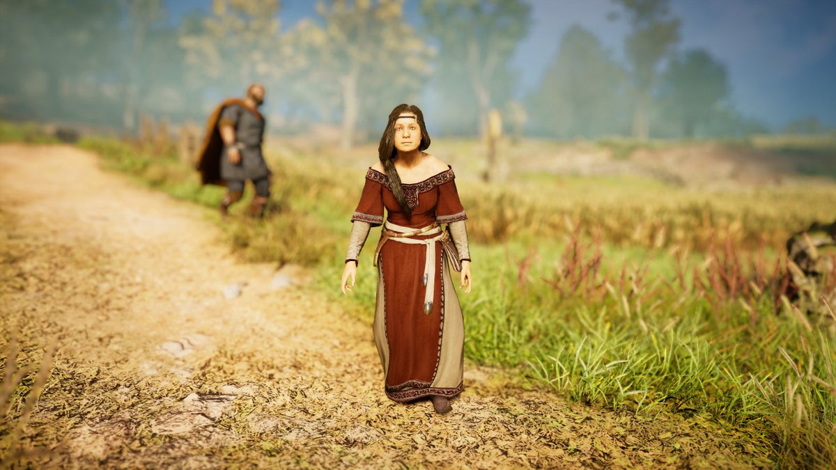 The woman's dress SCREAMS Anglo-Saxon to me, as does this one↓. Christianity is still pretty new at this point (the 590-600s) so you'll find women with skin-showing clothes and with/without headgear. Leather belts with elaborate hardware (metal) are typical Anglo-Saxon fashion.