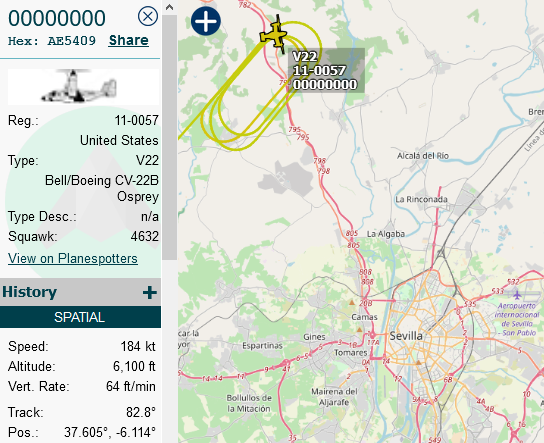 SirListenalot's tweet photo. A "new" #CV22 #AE5409 11-0057 for Mildenhall departed Rota. Last seen on ADSBex at ~1730z holding NW of Sevilla. Problems? https://t.co/erQKNnfe5A