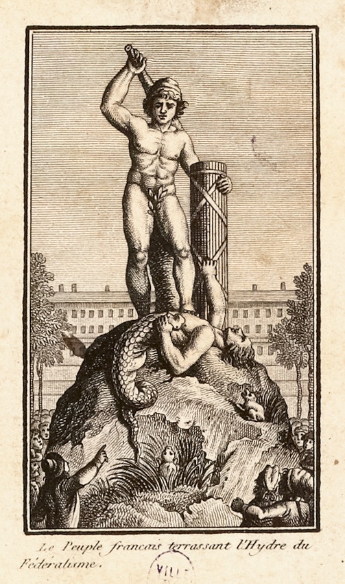 While the poetic invocations of the colossus are quite stirring, they're not a patch on the imagery, like Villeneuve's 1790 engraving, "The French People Overwhelming the Hydra of Federalism." https://www.parismuseescollections.paris.fr/fr/musee-carnavalet/oeuvres/le-peuple-francais-terrassant-l-hydre-du-federalisme#infos-principales5/