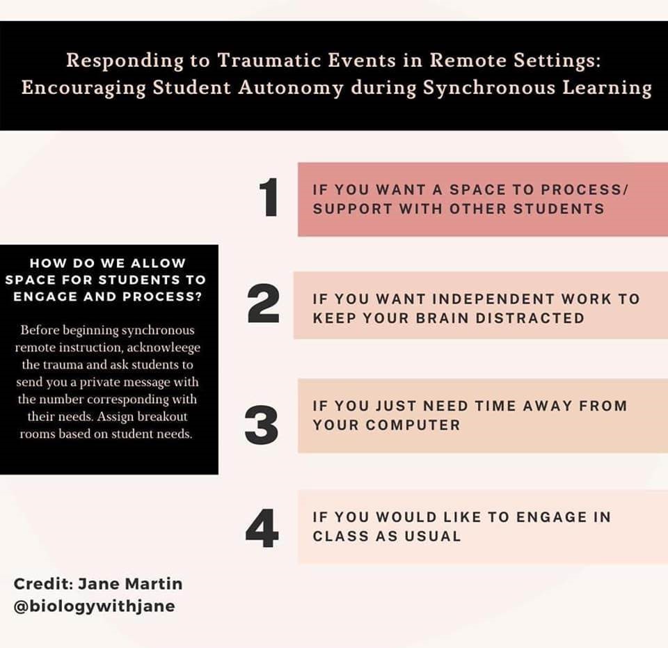 I have spent a lot of time up on a trauma soapbox, talking about how we don't talk enough about the trauma kids carry with them into the classroom and how we don't know enough about how to support students through trauma. This graphic from  @biologywithjane is a great tool.