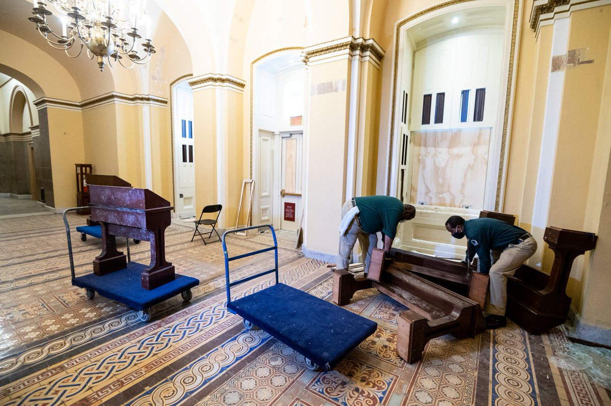 Yesterday, a mob of pro-Trump rioters stormed the Capitol in a failed attempt to stop Congress certifying the election.

Today, these workers are cleaning up the destruction they left behind: