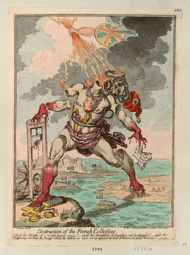 Visually, though, the most contemporary Colossus comes from British caricaturist James Gillray, whose 1794 lampoon of the French Revolution and the Terror is straight out of EC Comics (or vice-versa) (obviously). https://gallica.bnf.fr/ark:/12148/btv1b6948829p?rk=236052;4#8/