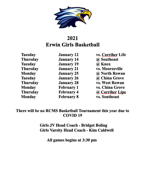 Erwin Middle School 2021 Boys and Girls Basketball Schedules