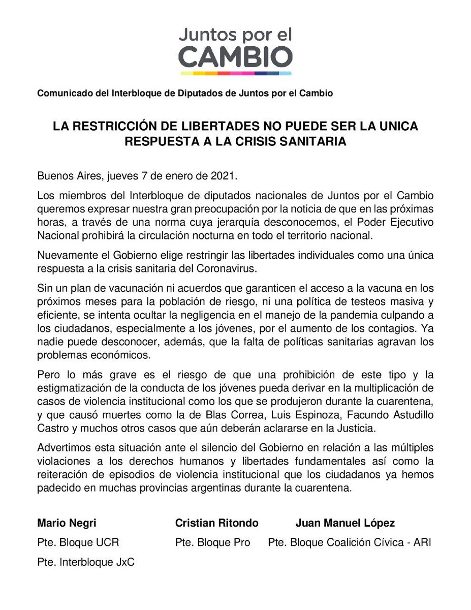🔈 Comunicado de prensa de Juntos x el Cambio

LAS RESTRICCIONES A LA LIBERTAD NO PUEDE SER LA ÚNICA RESPUESTA A LA CRISIS SANITARIA