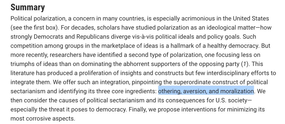 7/n Essential reading on this subject includes Political sectarianism in America from  @EliJFinkel,  @chris_bail,  @profcikara,  @BizarroPolitix,  @saiyengar,  @SamaraKlar,  @LilyMasonPhD,  @LindaSkitka,  @DG_Rand,  @LindaSkitka,  @j_a_tucker,  @BrendanNyhan et al.  https://science.sciencemag.org/content/370/6516/533