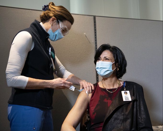 Dr. Walensky receiving a dose of vaccine