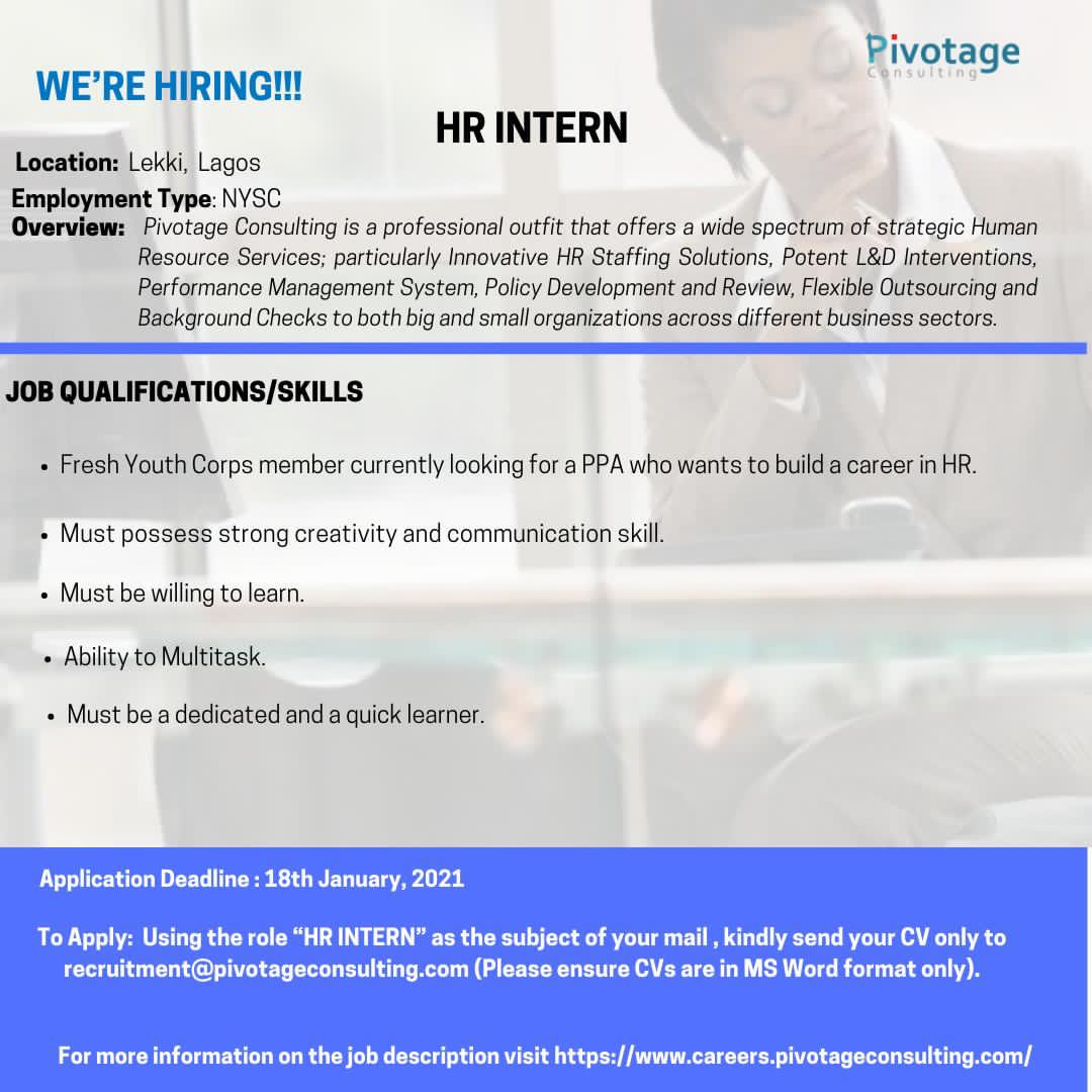 #HR #hrjobs
Check the advert on how to apply.

#jobs #intern #internjobs #lagosjobs #nyscjobs #nysc #Lekki #JobAlert