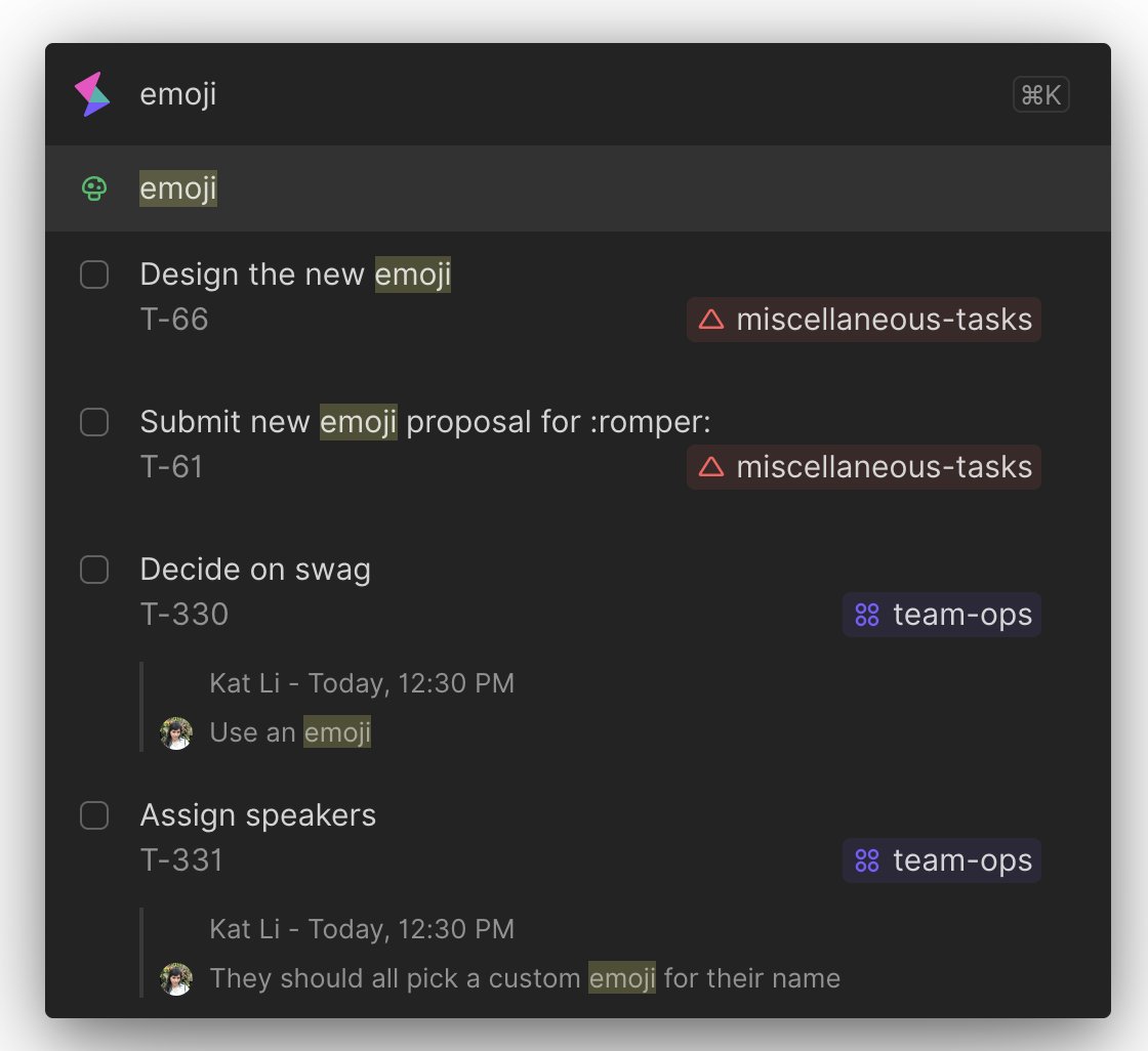 2/ To get coherent searches across models, each index now have one field in common to search in ("Summary") → The ES ranking algo can then respect frequency of terms and field lengths.i.e. type "emoji" will get the list before tasks because the list is a better match.