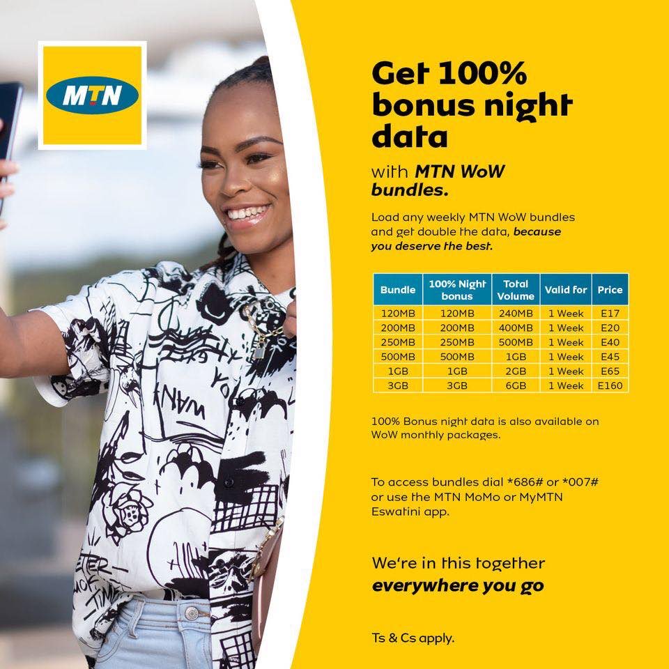 MTNEswatini's tweet photo. Take advantage of the 100% bonus (usable between 11PM - 5AM) available on all #MTNWowBundles. Dial *686*1*1# or use the #MyMN app ๐๐ฝ: https://t.co/nW6JXKXzTH for the ideal bundle and take care of those updates and downloads the moja way. https://t.co/G6LyIjNcI8