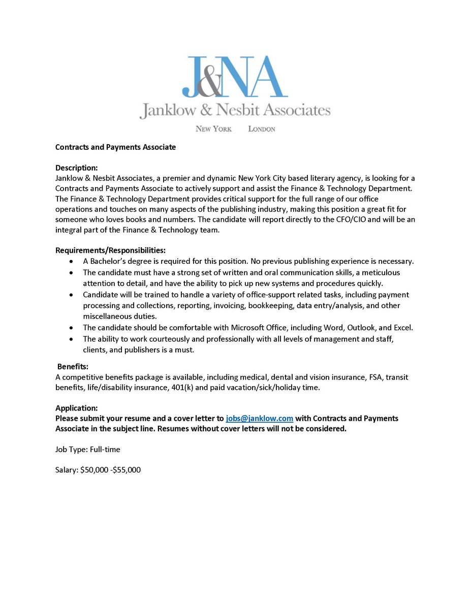 MagnerCenter's tweet photo. Full-time job alert for @BklynCollege411 grads 
@BkCollegeAlumni!

Janklow &amp; Nesbit Associates is looking for a full-time Contracts and Payments Associate to actively support and assist the Finance &amp; Technology Department.

#MagnerCareerCenter #BrooklynCollege #career #success https://t.co/grzwQXoyA6