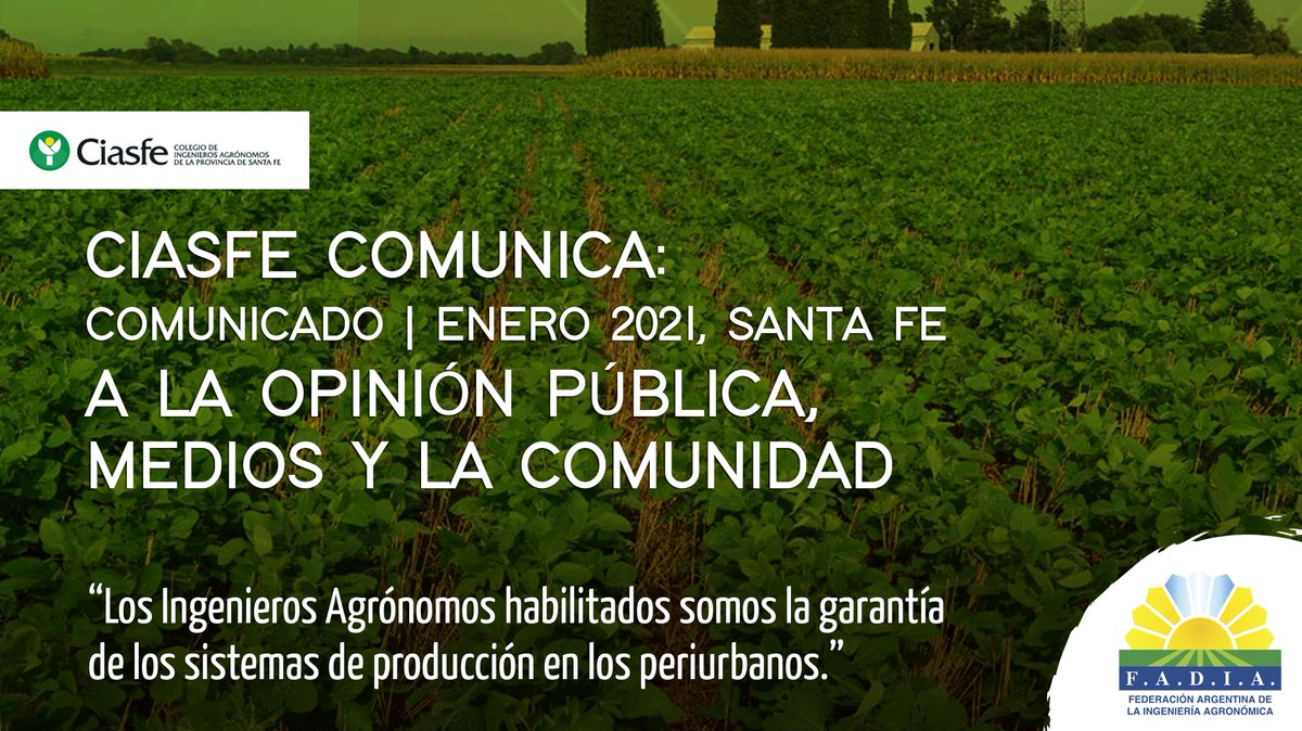 PrensaFADIA's tweet photo. La #FADIA, apoya y avala la declaración del @CIASFEcomunica sobre el rol de los profesionales #IngenierosAgrónomos en los sistemas de producción en los periurbanos.
.
Leer declaración 👉 https://t.co/wksdsUiyak
.
#CIASFE #Agronomos #JerarquizacionProfesional #SantaFe #Agronomia https://t.co/8yLN1Ki71x