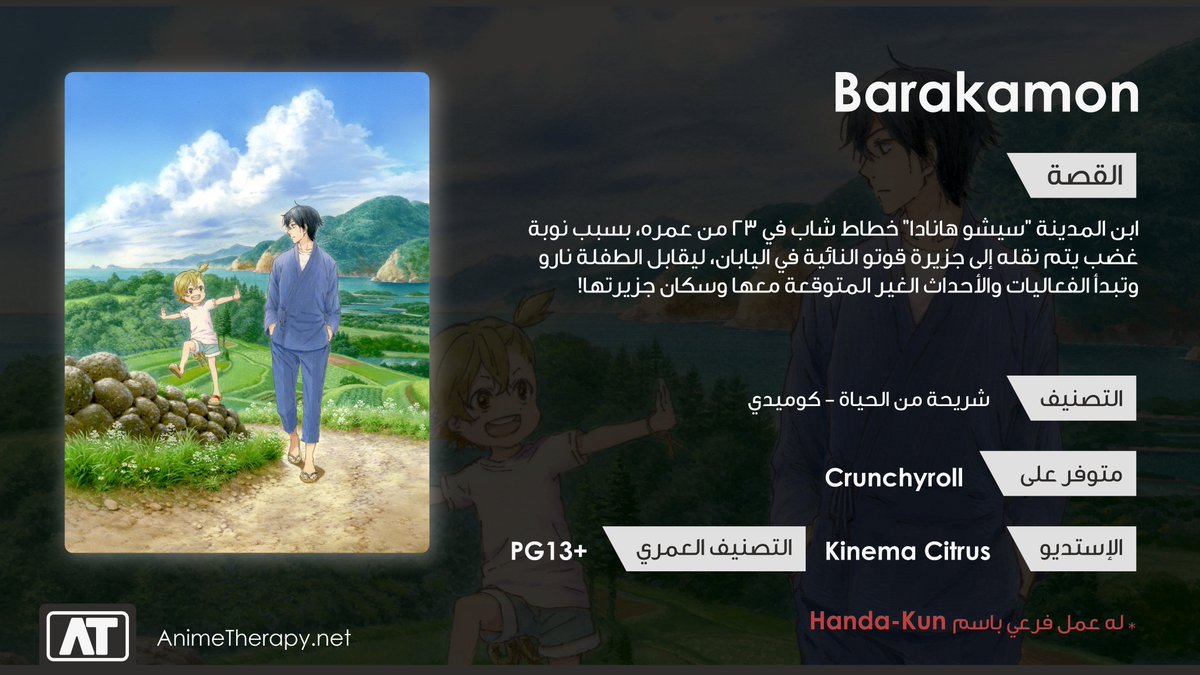 9- Barakamonجميل والله العظيم نتعب وحنا نقول جميل، من أول ما تبدأ الافتتاحية والابتسامة تشق وجهك. علاقة الخطاط هانادا مع فتاة الجزيزة نارو لازم يدرسها كل مؤلف مسقبلاً، ومن الآخر هذا المسلسل من أمتع أعمال الحياة اليومية الكوميدية اللي شفناها في السنوات الأخيرة 