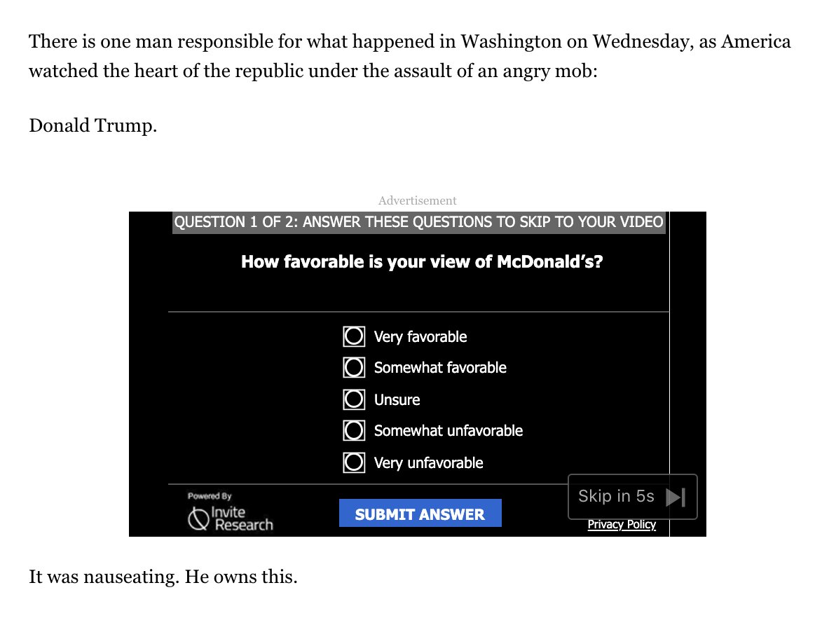 From today's column: "There is one man responsible for what happened Wednesday" As if there wasn't a whole ecosystem of sycophantic politicians, from Pence and McConnell on down; permissive social media platforms owners; and sympathetic "journalists" like Kass who enabled this.