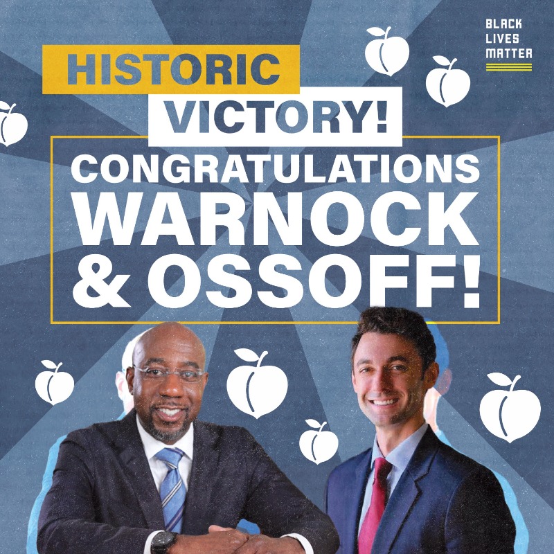 Blklivesmatter's tweet photo. White supremacists will not steal our joy. Yesterday we made history when we elected our first Black and Jewish U.S. Senators from Georgia. Let there be no doubt: Black voters and organizers did that.

Congratulations to Senators-elect @reverendwarnock and @ossoff https://t.co/wp9xal4Jz0