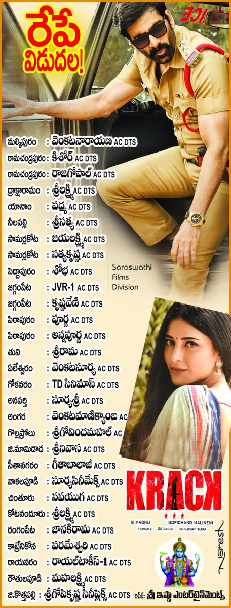 UrsVamsiShekar's tweet photo. #Krack East Godavari theates chart 📄 
Release by #IshnaEntertainments 

In theatres tracking from tmrw 💥🔥
#KrackOnJan9th 

@RaviTeja_offl @shrutihaasan
@megopichand @MusicThaman @dop_gkvishnu @navinnooli @TagoreMadhu @LahariMusic https://t.co/5tZylwoJwI