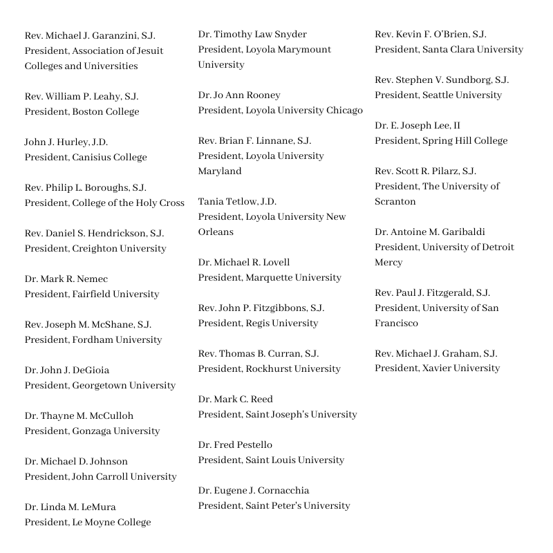 jesuitcolleges's tweet photo. Jesuit College &amp; University Presidents Call for End to Violence: https://t.co/2zatKQsjUr https://t.co/XUpYHllRAE
