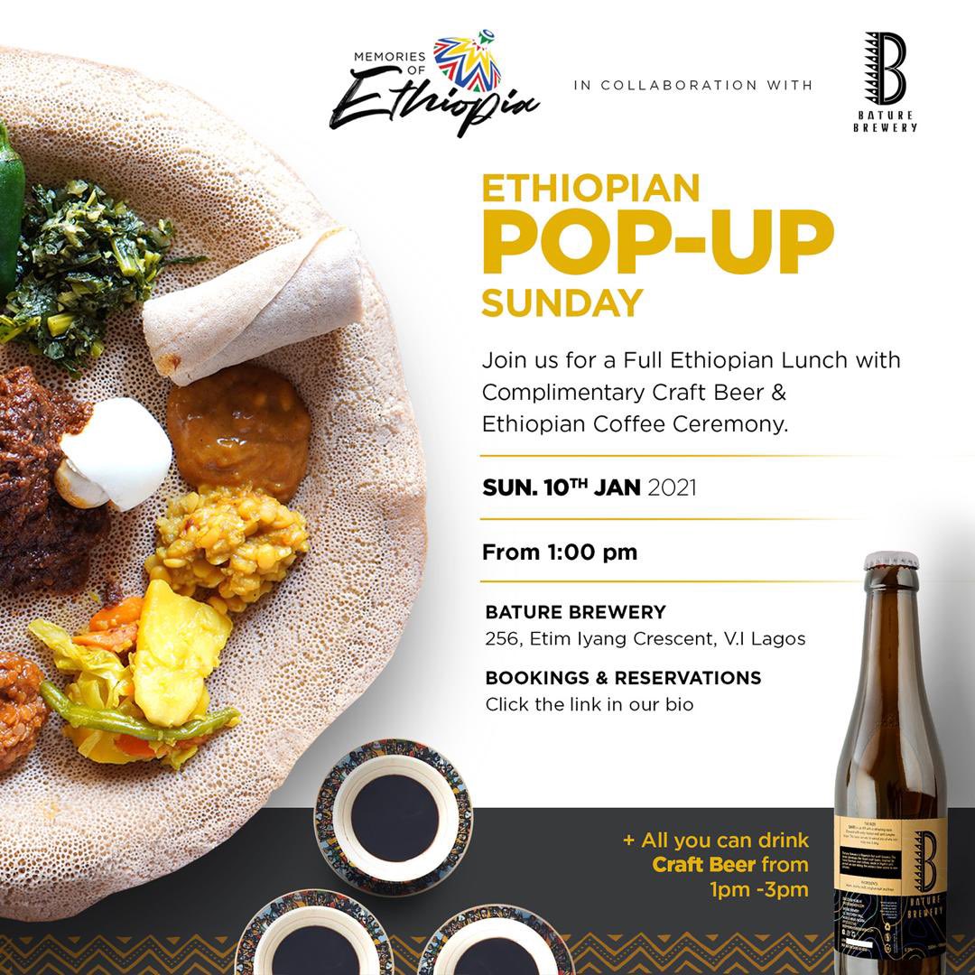 BatureBrewery's tweet photo. We will be having our first Ethiopian pop-up sunday at our Lagos space, in collaboration with #memoriesofethiopia ,so bring your containers to fill up on the finest craft beer and have a taste of Ethiopian food
#foodpopup #craftbeernaija #craftbeerlovers #lagosspaces https://t.co/Yejj7w2erf