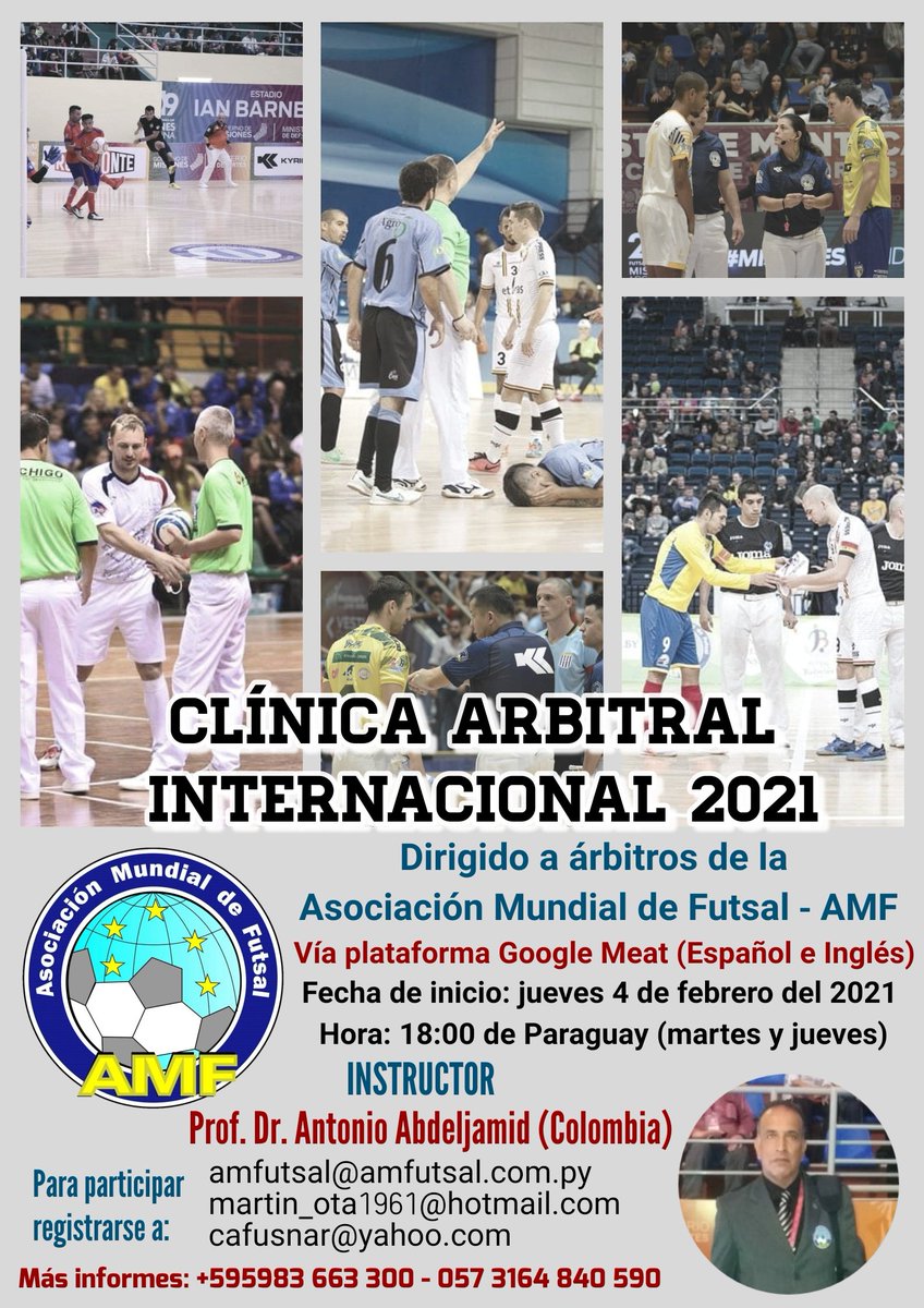 La Asociación Mudial de Futsal invita a los árbitros AMF de todo el mundo a participar de la Clínica Internacional que arrancan el jueves 4 de febrero del 2021.
Las charlas sin costo serán los martes y jueves desde las 18:00 de Paraguay, vía Google Meat (en español e ingles).