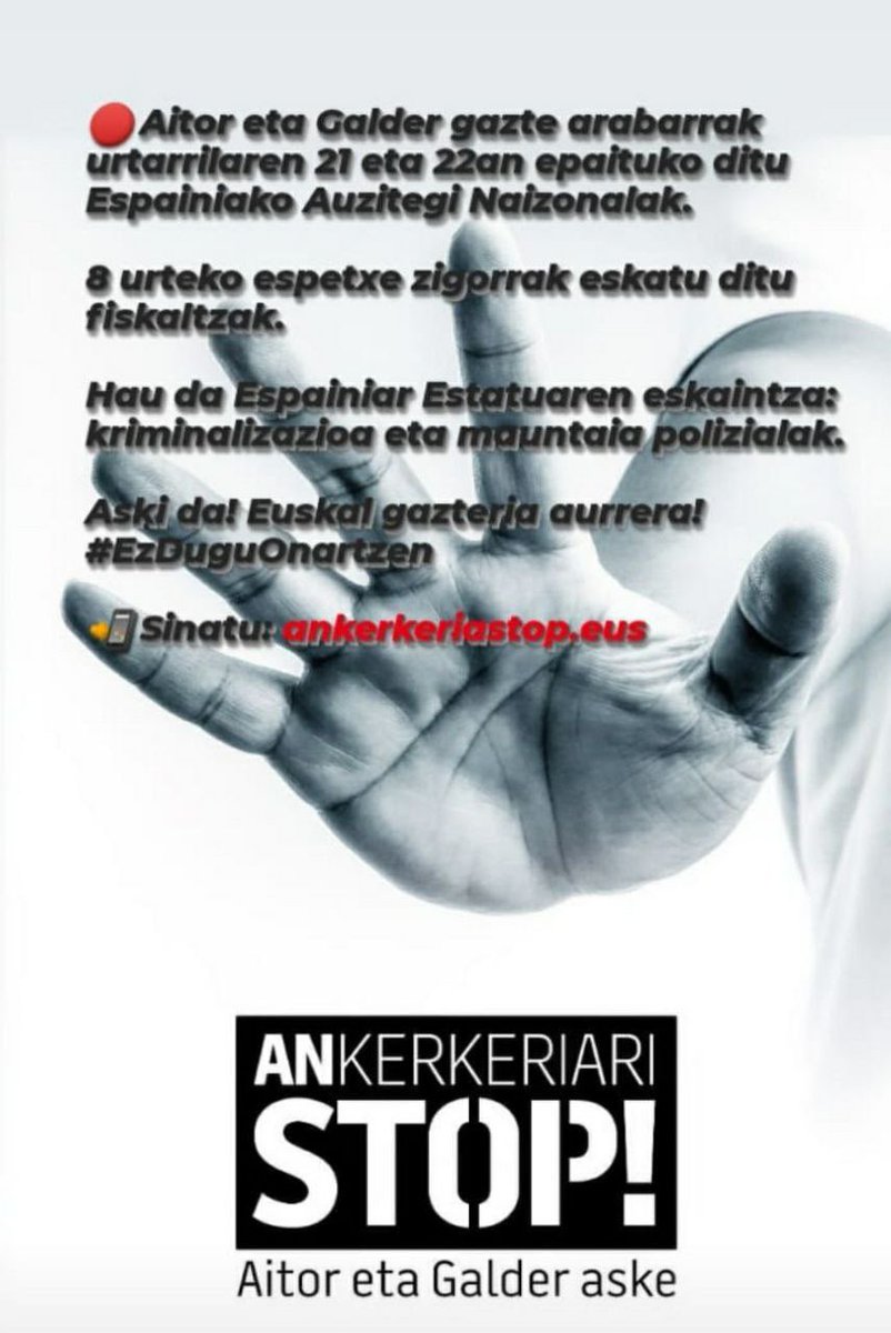 Iraultza1921's tweet photo. Aski da! Euskal gazteria aurrera!
#ANkerkeriariSTOP https://t.co/qbCAgpF3LJ