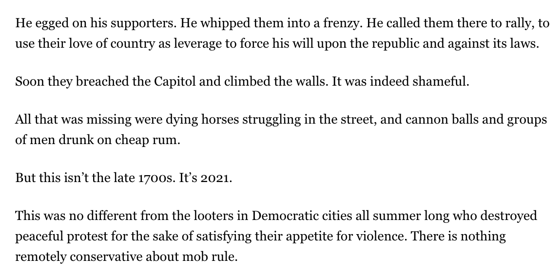 Here's Kass' predictable "Looting that happened during BLM protests was just as bad" claim. As if people breaking into stores while legit racial justice demonstrations were happening is comparable to guys with Confederate flags and "Camp Auschwitz" T's desecrating the Capitol.