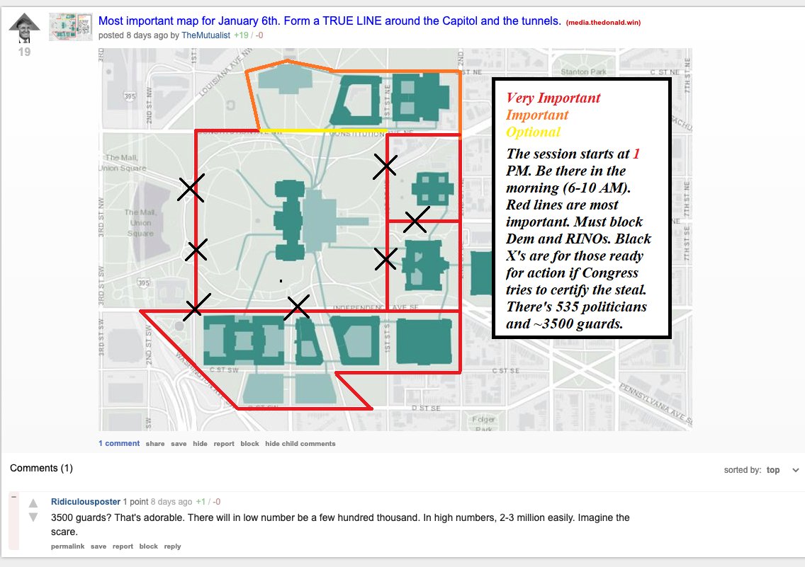 I guess the DC Police doesn't have a person monitoring TheDonald. If you look, there is plenty of PUBLIC conversation about a potential breach and occupying the Capitol prior to yesterday's events. (see more pics in thread).  https://twitter.com/ReporterCioffi/status/1347231440669446146